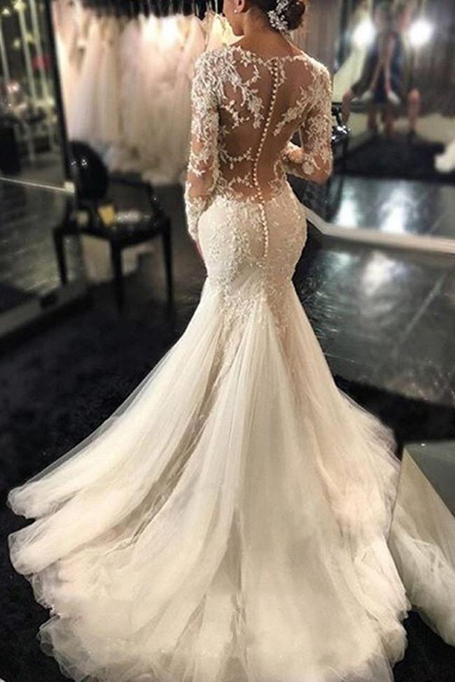 Vestido de novia NumberSea blanco de manga larga con encaje transparente, vestidos de novia elegantes, MW189 