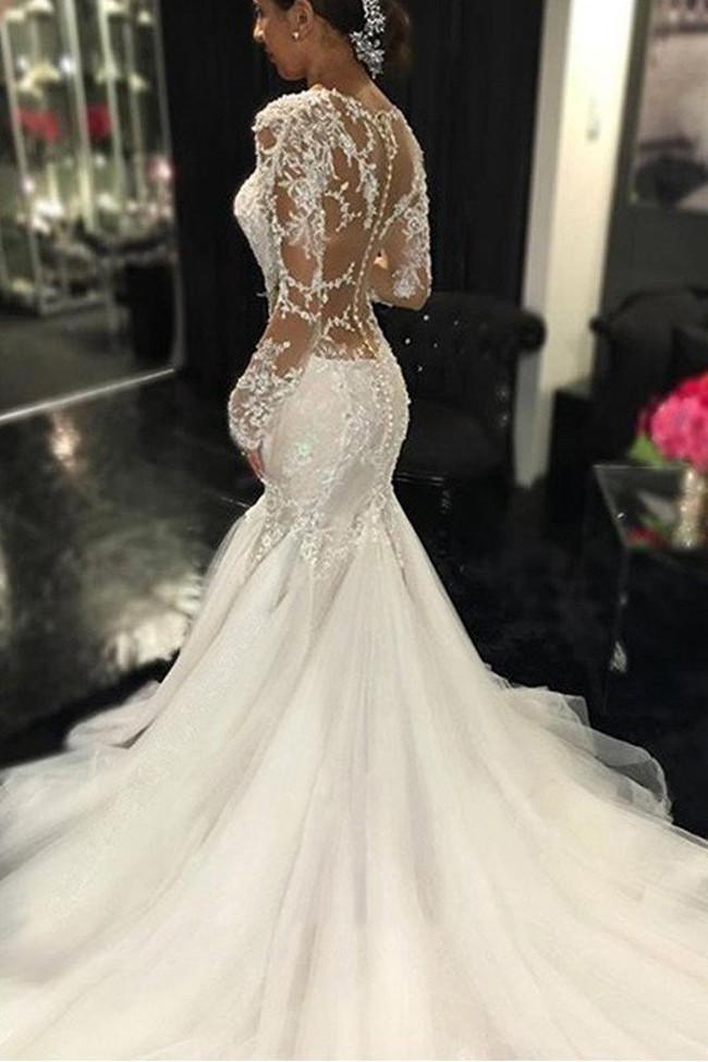 Vestido de novia NumberSea blanco de manga larga con encaje transparente, vestidos de novia elegantes, MW189 