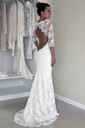 Vestido de novia largo estilo sirena con encaje blanco y espalda descubierta y mangas largas de NumberSea, MW187 