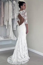 Vestido de novia largo estilo sirena con encaje blanco y espalda descubierta y mangas largas de NumberSea, MW187 