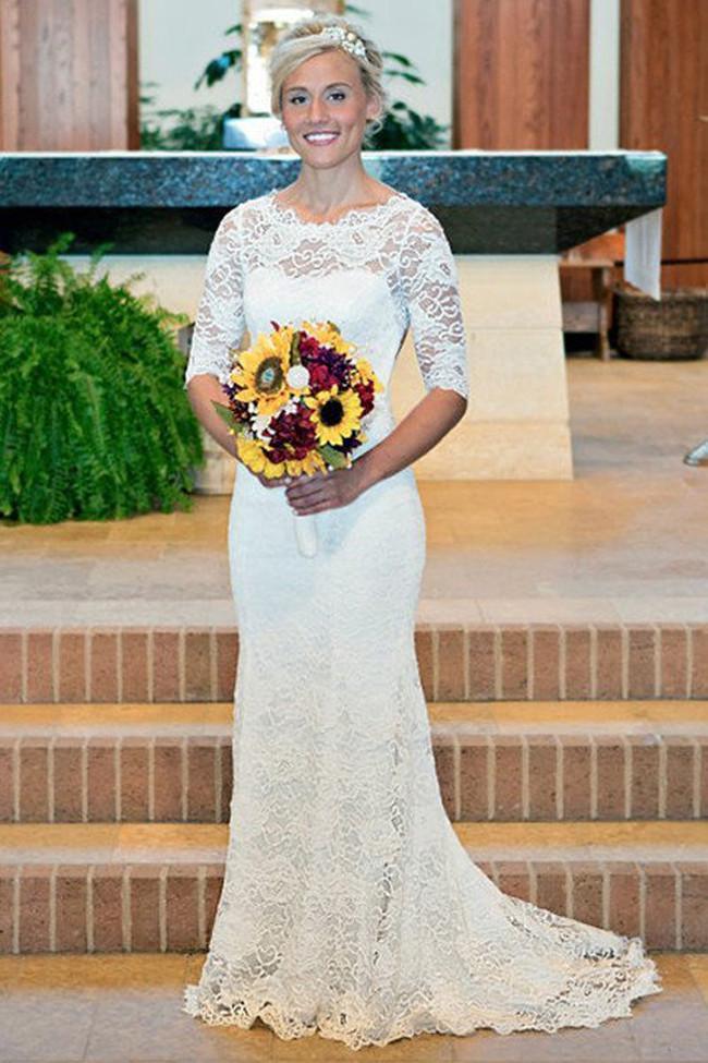 Vestido de novia largo estilo sirena con encaje blanco y espalda descubierta y mangas largas de NumberSea, MW187 