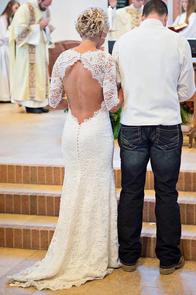 Vestido de novia largo estilo sirena con encaje blanco y espalda descubierta y mangas largas de NumberSea, MW187 
