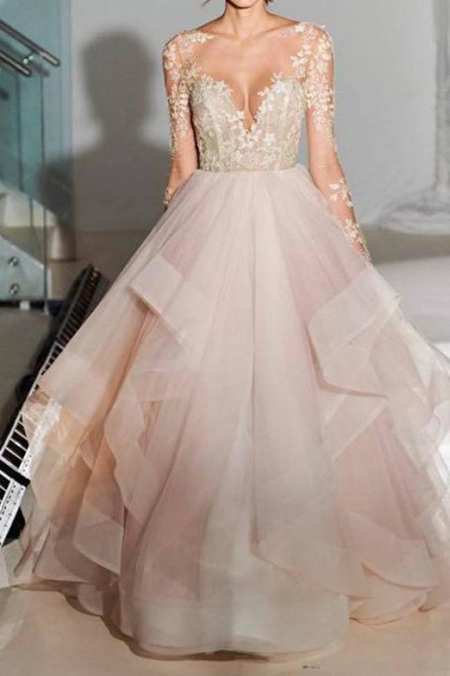 Vestidos de novia de encaje con espalda abierta, corte A, manga larga, MW202 