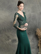 Vestidos de fiesta de sirena/trompeta, elegantes, formales, para invitados de boda, con cola larga y escote en V, de mezcla de algodón con apliques de cuentas.