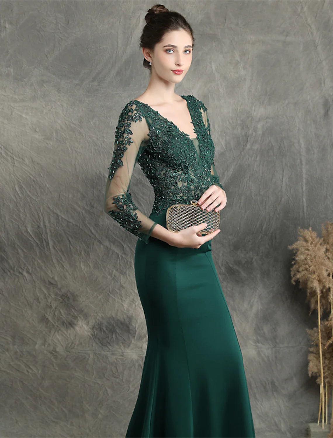 Vestidos de fiesta de sirena/trompeta, elegantes, formales, para invitados de boda, con cola larga y escote en V, de mezcla de algodón con apliques de cuentas.