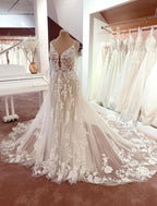 Vestidos de novia formales de compromiso con espalda descubierta, corte A, camisola, escote en V, tirantes finos, cola capilla, encaje y apliques