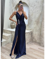 Mermaid / Trumpet Prom Dresses Sparkle Dress Formal Evening Party Sweep / Brush Train Sleeveless V Neck Spandex with Rhinestone Pleats Slit