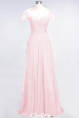 Sweetheart Cap-Sleeves Ruffle Floor-Length Bridesmaid Dress with Beadings Moher if the Bride Dresses