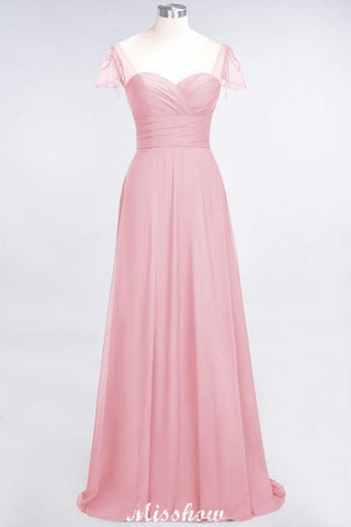 Sweetheart Cap-Sleeves Ruffle Floor-Length Bridesmaid Dress with Beadings Moher if the Bride Dresses
