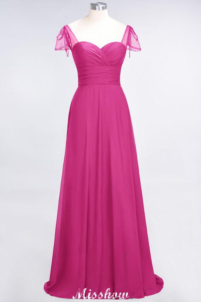 Sweetheart Cap-Sleeves Ruffle Floor-Length Bridesmaid Dress with Beadings Moher if the Bride Dresses