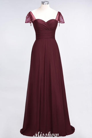 Sweetheart Cap-Sleeves Ruffle Floor-Length Bridesmaid Dress with Beadings Moher if the Bride Dresses