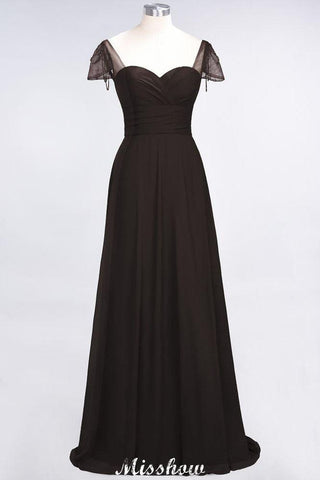 Sweetheart Cap-Sleeves Ruffle Floor-Length Bridesmaid Dress with Beadings Moher if the Bride Dresses