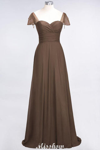 Sweetheart Cap-Sleeves Ruffle Floor-Length Bridesmaid Dress with Beadings Moher if the Bride Dresses
