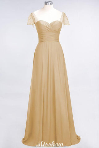 Sweetheart Cap-Sleeves Ruffle Floor-Length Bridesmaid Dress with Beadings Moher if the Bride Dresses