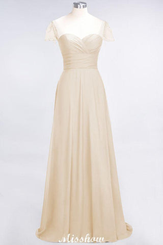 Sweetheart Cap-Sleeves Ruffle Floor-Length Bridesmaid Dress with Beadings Moher if the Bride Dresses