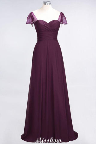 Sweetheart Cap-Sleeves Ruffle Floor-Length Bridesmaid Dress with Beadings Moher if the Bride Dresses