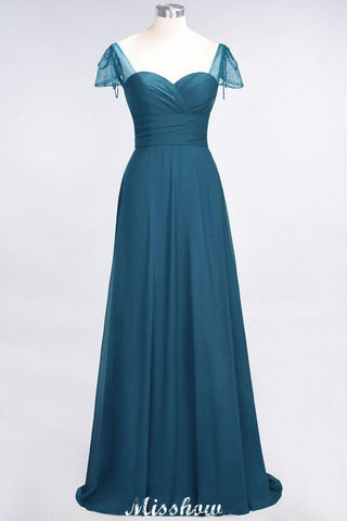 Sweetheart Cap-Sleeves Ruffle Floor-Length Bridesmaid Dress with Beadings Moher if the Bride Dresses