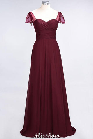 Sweetheart Cap-Sleeves Ruffle Floor-Length Bridesmaid Dress with Beadings Moher if the Bride Dresses