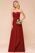 Herzausschnitt Rotes Brautjungfernkleid Chiffon Bodenlang Hochzeitsgastkleid rückenfrei