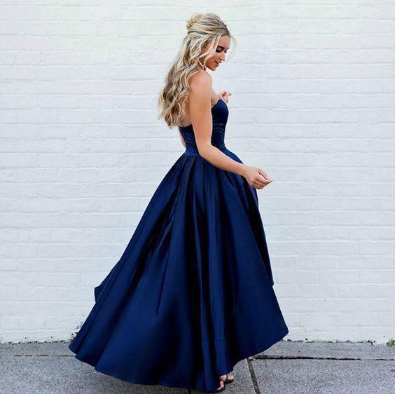 Vestidos de fiesta azul marino con escote corazón, corte alto y bajo, vestidos de regreso a casa