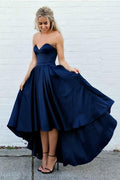 Vestidos de fiesta azul marino con escote corazón, corte alto y bajo, vestidos de regreso a casa