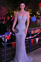 Sweetheart Spaghetti Straps Mermaid Sleeveless Prom Dress With Pearl