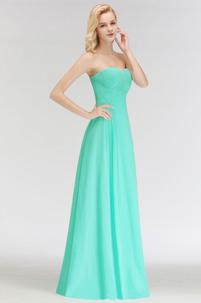 Vestido de dama de honor con escote corazón, sin tirantes, largo hasta el suelo, con volantes en la parte superior