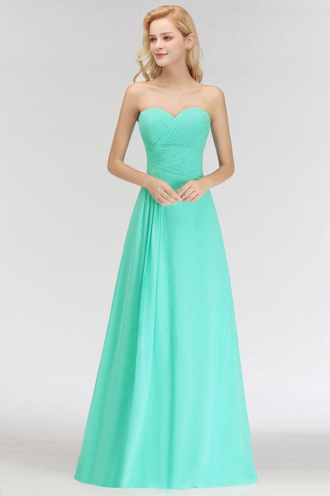 Vestido de dama de honor con escote corazón, sin tirantes, largo hasta el suelo, con volantes en la parte superior
