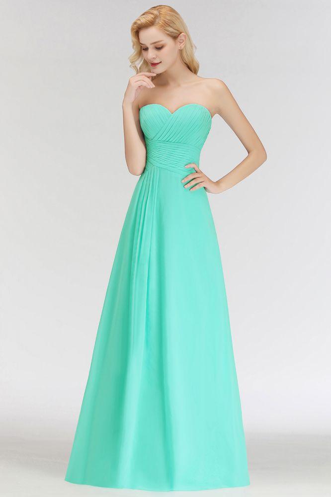 Vestido de dama de honor con escote corazón, sin tirantes, largo hasta el suelo, con volantes en la parte superior