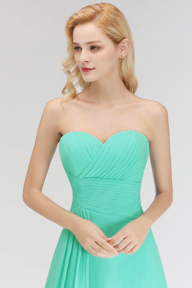 Vestido de dama de honor con escote corazón, sin tirantes, largo hasta el suelo, con volantes en la parte superior