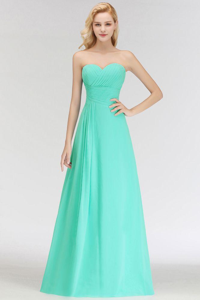 Vestido de dama de honor con escote corazón, sin tirantes, largo hasta el suelo, con volantes en la parte superior