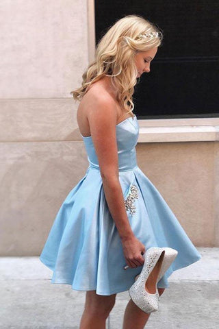 Sweetheart Strapless Sky Blue Short Homecoming/Party Dress with Pockets