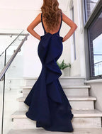 Mermaid / Trumpet Evening Gown Open Back Dress Formal Wedding Guest Court Train Sleeveless V Neck Stretch Fabric with Bow(s) Ruffles