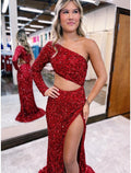 Vestidos de fiesta de sirena/trompeta, vestido brillante y resplandeciente, vestido formal de corte en cola, manga larga, un hombro, lentejuelas, espalda descubierta con abertura de lentejuelas. Envío.