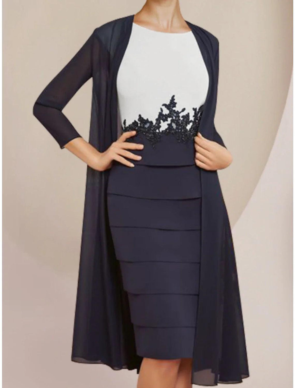 Vestido de dos piezas tipo tubo/columna para madre de la novia, elegante, pequeño, escote redondo, largo hasta la rodilla, de gasa, con encaje, manga larga y fruncido.