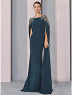 Mermaid / Trumpet Mother of the Bride Dress Wedding Guest Elegant Scoop Neck Sweep / Brush Train Stretch Chiffon Long Sleeve with Sequin Ruching