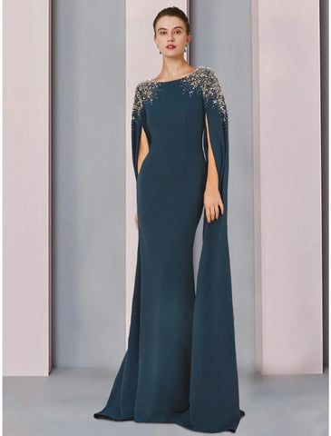 Meerjungfrau/Trompete Mutter der Braut Kleid Hochzeitsgast Elegante U-Ausschnitt Sweep/Pinsel Schleppe Stretch Chiffon Lange Ärmel mit Pailletten Rüschen