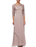 Sheath / Column Mother of the Bride Dress Wedding Guest Elegant Scoop Neck Ankle Length Chiffon Lace Half Sleeve with Ruching Solid Color