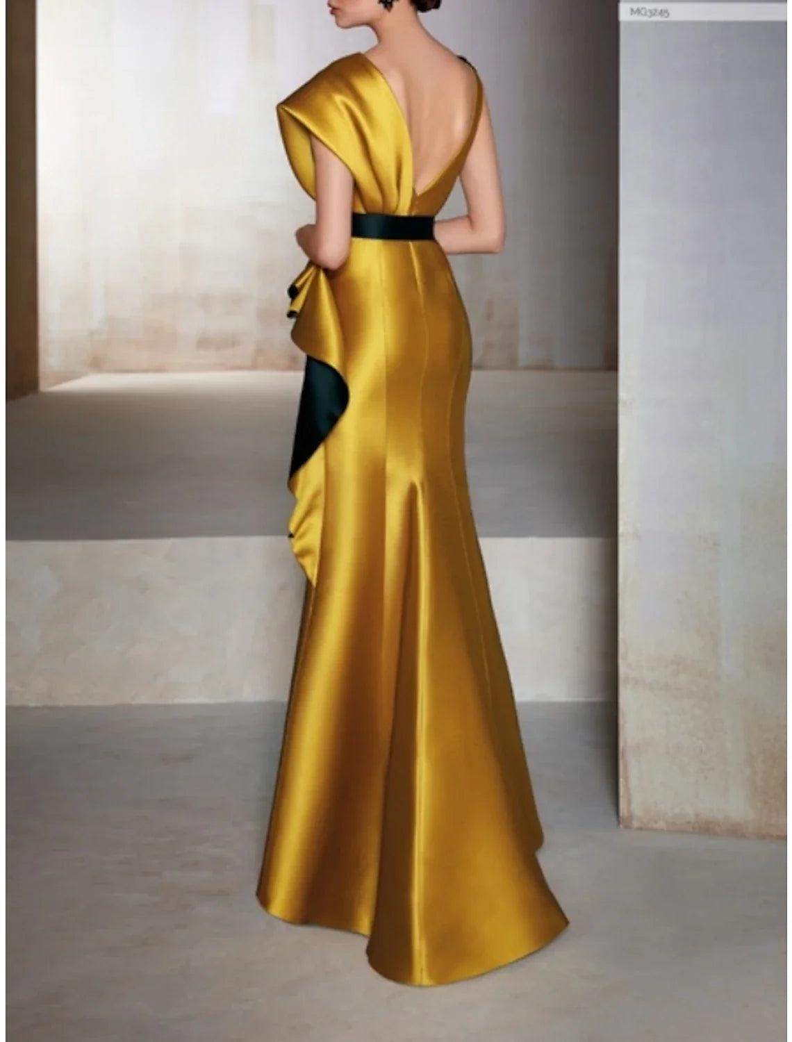 Gelbes Etuikleid/Säulen-Abendkleid aus Satin, Champagner, elegantes schwarzes Kleid, formelle Herbst-Bodenlänge, kurze Ärmel, V-Ausschnitt mit Rüschen, Stickerei-Applikationen