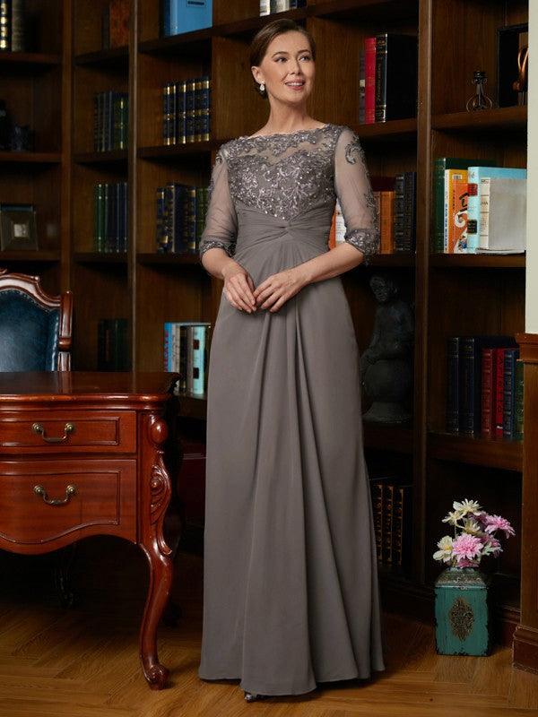 Mother of the Bride Dresses A-Line Princess Chiffon Applique Scoop 3/4 Sleeves Floor-Length