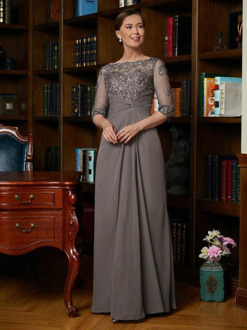 Mother of the Bride Dresses A-Line Princess Chiffon Applique Scoop 3/4 Sleeves Floor-Length