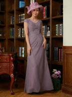 Mother of the Bride Dresses Sheath/Column Chiffon Lace V neck Short Sleeves Floor-Length