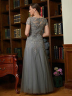 Mother of the Bride Dresses A-Line Princess Tulle Lace Short Sleeves Floor-Length
