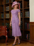 Vestidos para madre de la novia de corte tubo/columna, de gasa, con apliques, escote redondo, mangas cortas y largo hasta la rodilla