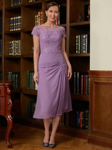 Etui-Linie/Säule Chiffon Applikationen U-Ausschnitt Kurze Ärmel Wadenlang Kleider für die Brautmutter