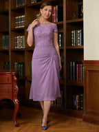 Vestidos para madre de la novia de corte tubo/columna, de gasa, con apliques, escote redondo, mangas cortas y largo hasta la rodilla