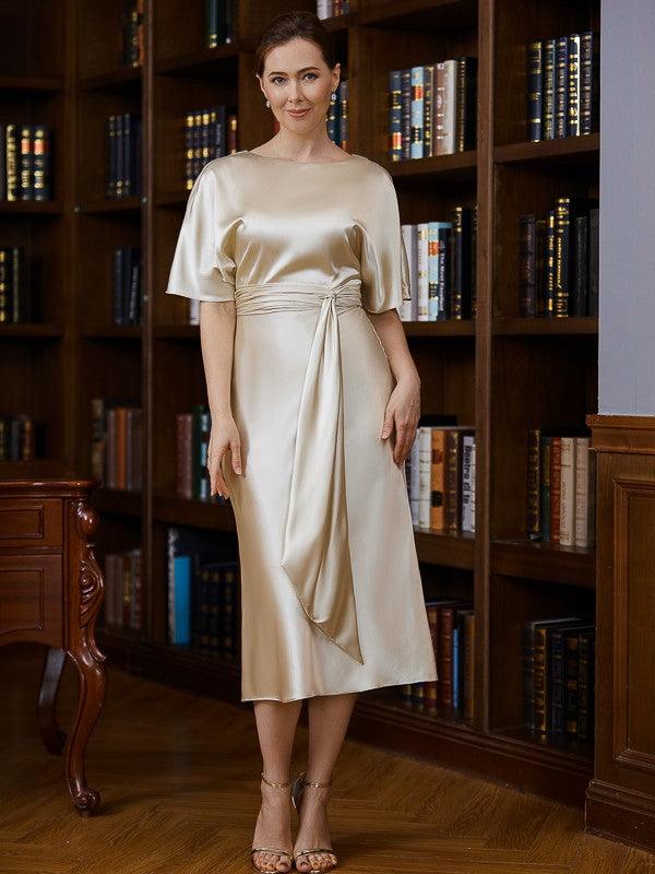 Sheath/Column Elastic Woven Satin Ruched Scoop Short Sleeves Tea-Length Mother of the Bride Dresses