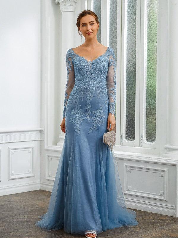 Vestidos de Madre de la Novia Corte Tubo Columna Tul Apliques Escote en V Mangas Largas Barrido Cola de Cepillo