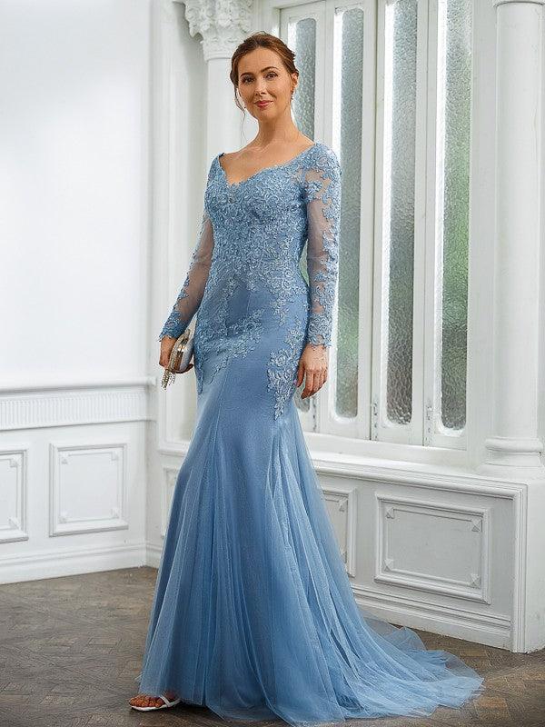 Vestidos de Madre de la Novia Corte Tubo Columna Tul Apliques Escote en V Mangas Largas Barrido Cola de Cepillo