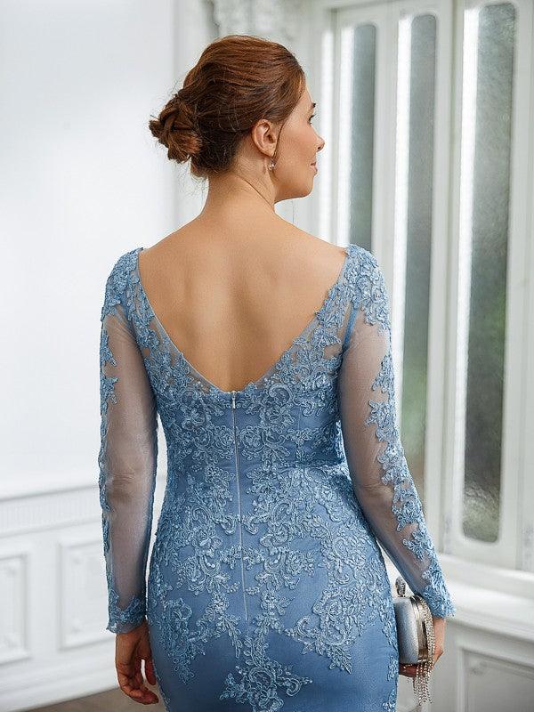 Vestidos de Madre de la Novia Corte Tubo Columna Tul Apliques Escote en V Mangas Largas Barrido Cola de Cepillo